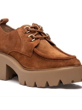 Sam Edelman Monna Frontier Brown Leather Chunky Heel Lace Up Almond Toe Loafers